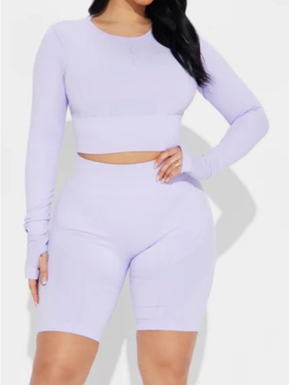Fashion Nova Lilac Long-Sleeve Crop Top & High-Waist Bike Shorts Set